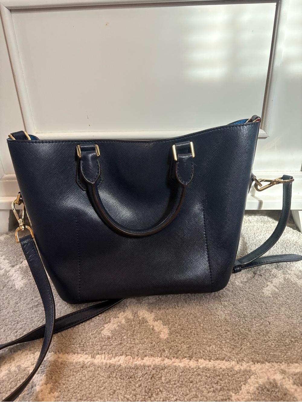 Michael Kors Dark Blue Leather Satchel with Blue Interior & Gold Hardware - Picture 2 of 4